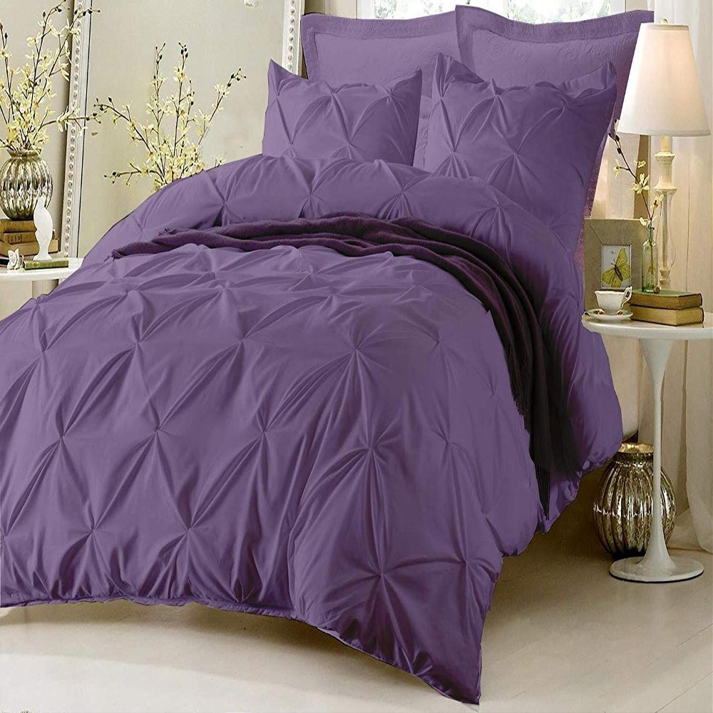 8 PCS Set-100% Pure Cotton 600 TC Premium Bedding Set-1Duvet Cover,1Comforter 1Fitted Sheet 14'',1Flat Sheet 4Pillowcases Pintuck Flower Ruffle King/Plum