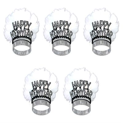 Beistle Happy New Year Bird of Paradise Tiaras 5-Pack Black and Silver Printed Headbands with White Feathers, Snap-On Adult Novelty Headwear for New Years Eve Celebrations and Midnight Countdowns