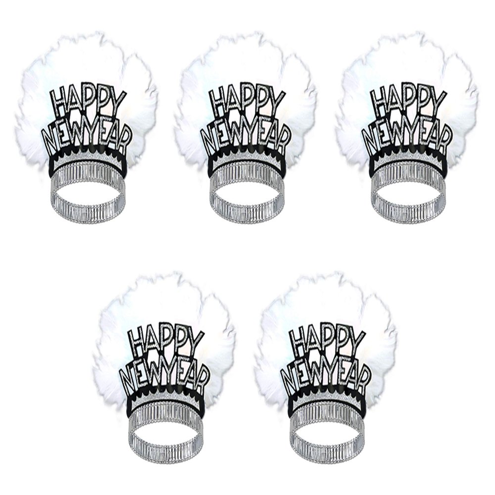 Beistle Happy New Year Bird of Paradise Tiaras 5-Pack Black and Silver Printed Headbands with White Feathers, Snap-On Adult Novelty Headwear for New Years Eve Celebrations and Midnight Countdowns