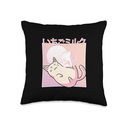 Vaporwave Strawberry Cat 90s Japanese Kawaii Strawberry Milk Throw Pillow