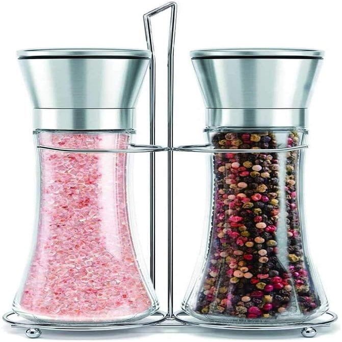 Pepper Mill and Salt Grinders Shaker Set, Salt Pepper Grinder Mill Set with Stainless Stand, Adjustable Coarseness Refillable Ceramic Grinding Core and Durable Glass, Easy to Use Fill