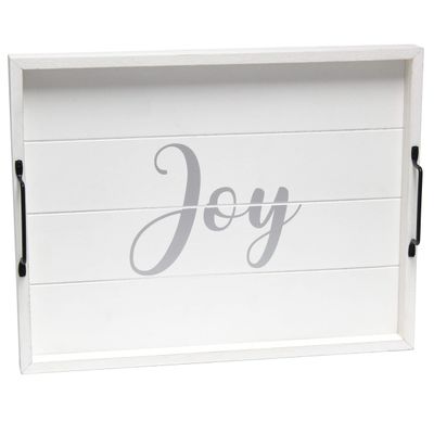 Elegant Designs HG2000-WJY Christmas Decoration 15.50" x 12" Decorative Wood Serving Tray w/Handles, White Wash Joy
