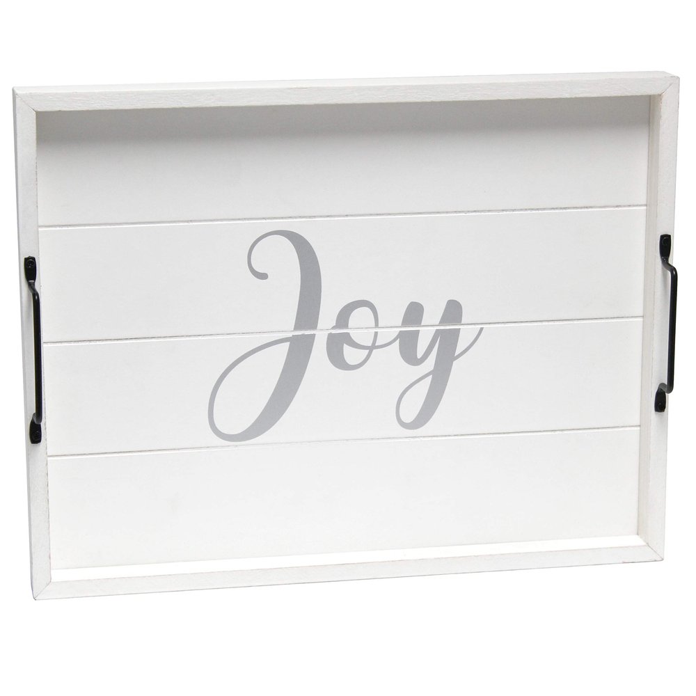 Elegant Designs HG2000-WJY Christmas Decoration 15.50" x 12" Decorative Wood Serving Tray w/Handles, White Wash Joy
