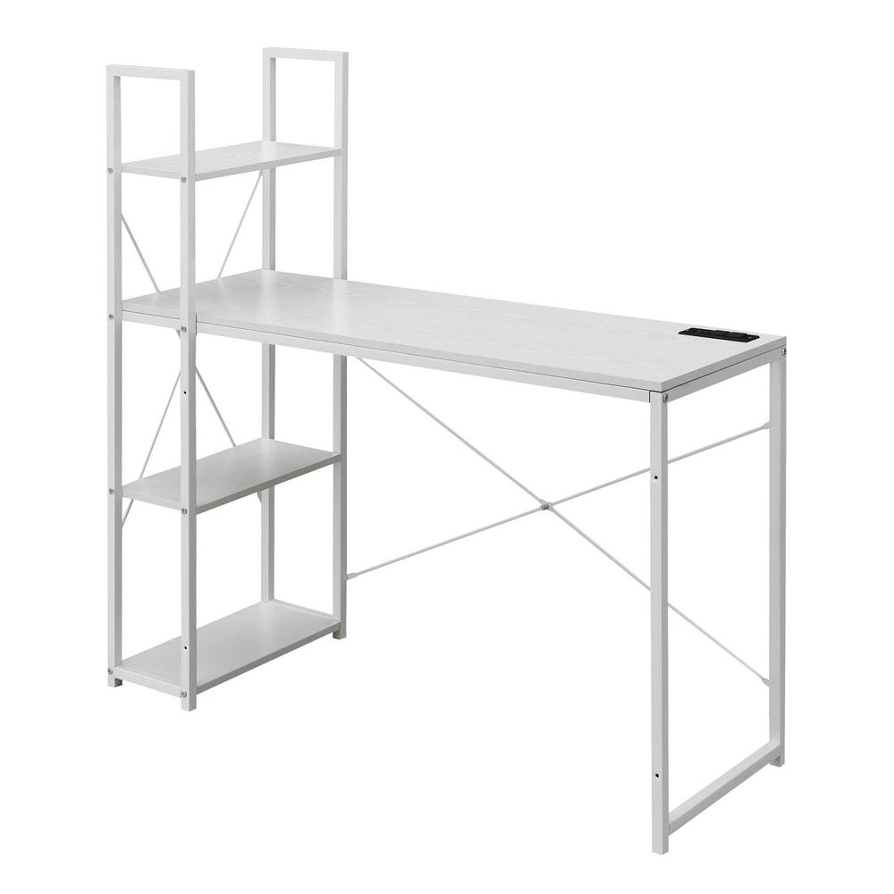 Convenience Concepts Desigsn2Go Office Workstation Desk with USB Ports & AC Outlets 44.25" - Modern Writing Accent with Charging Station & Storage Shelves for Dorm Room, Home Study, & Den, White