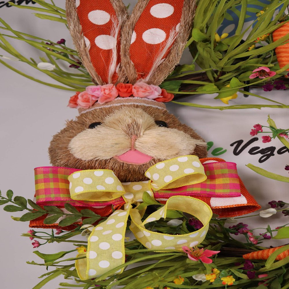 Easter Sisal Bunny Floral Wreath with Carrots Wildflowers, Orange Pink Yellow Springtime Wreath, Easter Door Decor, Bunny Door Decor,