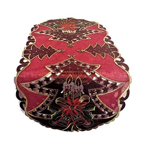 Doily Boutique Table Runner with Red Christmas Tree on Sheer Material Size 44 x 15 inches
