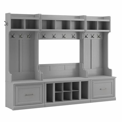 Bush Furniture Woodland Full Entryway Storage Set with Coat Rack and Shoe Bench with Drawers in Cape Cod Gray | Mudroom Organizer for Footwear, Clothing