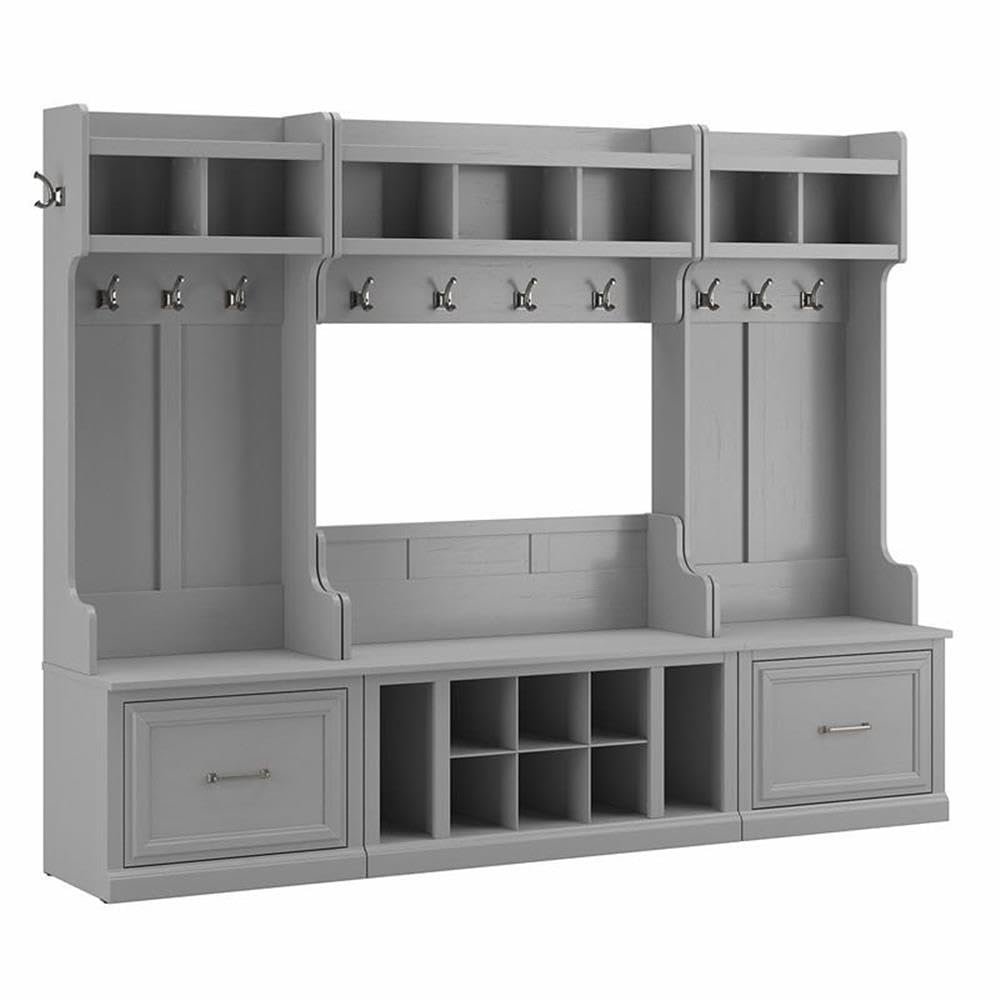 Bush Furniture Woodland Full Entryway Storage Set with Coat Rack and Shoe Bench with Drawers in Cape Cod Gray | Mudroom Organizer for Footwear, Clothing