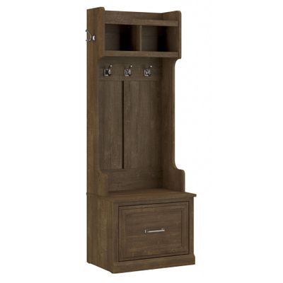 Bush Home Woodland 24W Hall Tree and Small Shoe Bench with Drawer in Ash Brown | Narrow Foyer, Mudroom, Entryway Storage