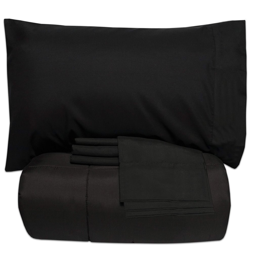 7 PCS Bed-in-A-Bag Package 100% Organic Cotton 600 Thread Counts Best Collection of Bedding Set-1 Comforter,1 Fitted Sheet Upto 18" DP,1 Flat Sheet,4 Pillow Cases Queen/Full - Black