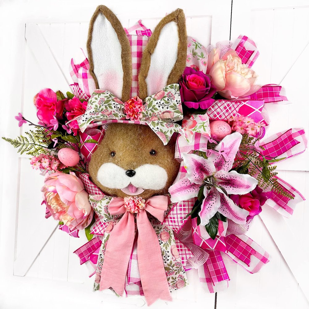 Artisan 22 Bunny With Top Hat, Easter Spring Wreath with Flowers, Greenery and Eggs