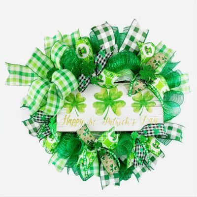 Artisan St Patrick's Day Wreath, Made with Clover Ribbon & Weather Resistant Deco Mesh.