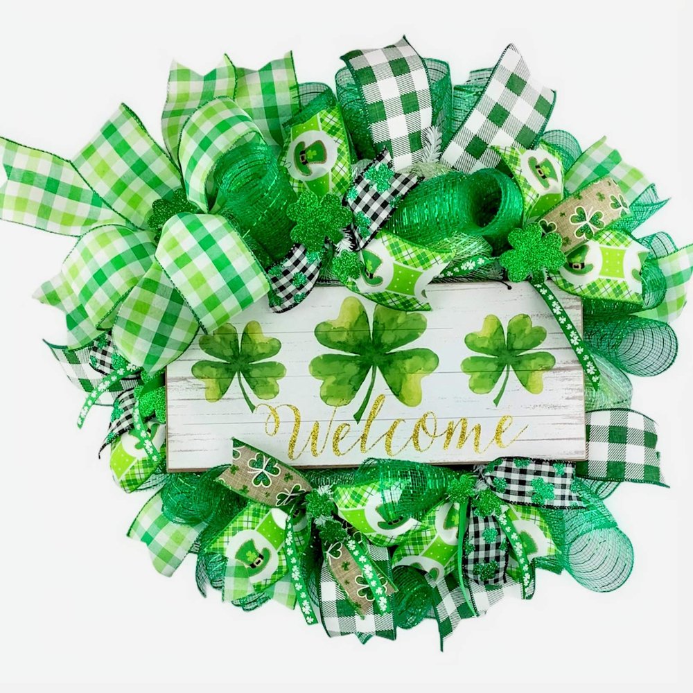 18x18x6 Artisan St Patrick's Day Wreath, Made with Clover Ribbon & Weather Resistant Deco Mesh.