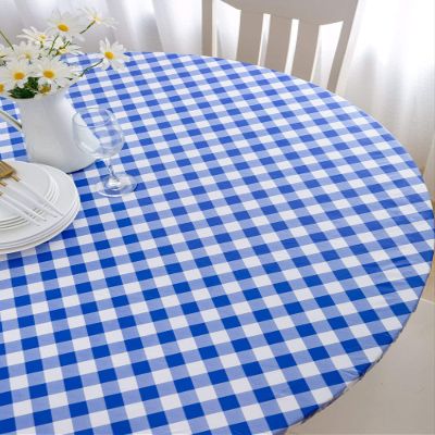 HomeyPlus Round Vinyl Fitted Tablecloth with Flannel Backing, Waterproof Wipeable Table Cover Elastic Edge, Blue/White Gingham Check Pattern, for Round Tables of 43-56 Inches, Seats up to 6