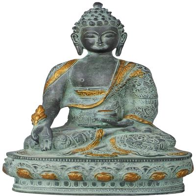 Exotic India The Medicine Buddha (Robes Decorated with The Scenes from His Life) - Brass Statue - Color Antique Green Color