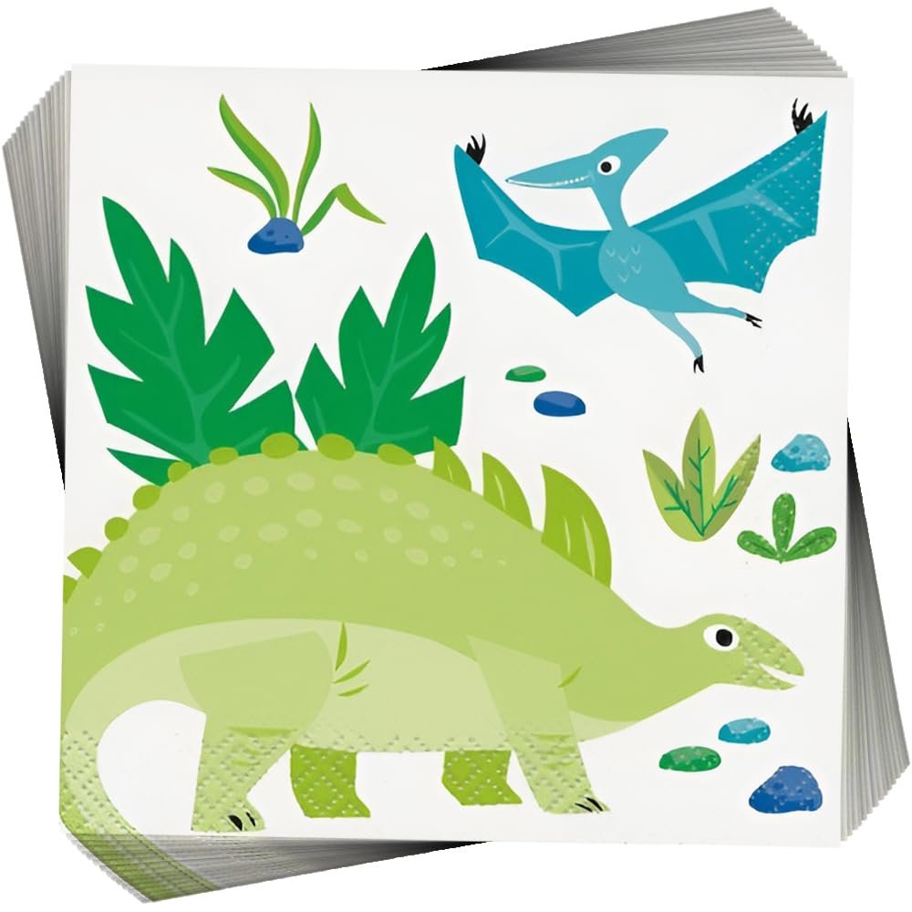 Blue & Green Dinosaur Disposable Beverage Napkins (Pack of 16) - Perfect for Dinosaurs-themed Parties & Celebrations