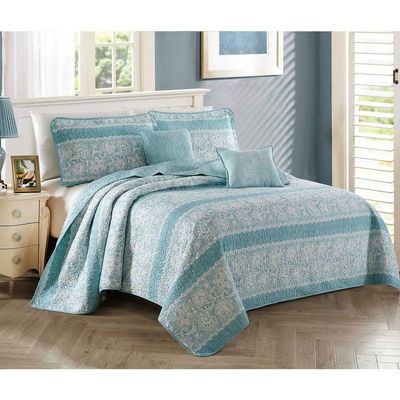 5 Piece Traditional Floral Geometric Quilted Bedspread King Size Set with Two Decorative Pillows - French Country Designer Extra Softness Comfort Reversible Aqua Blue Quilt Coverlet Set