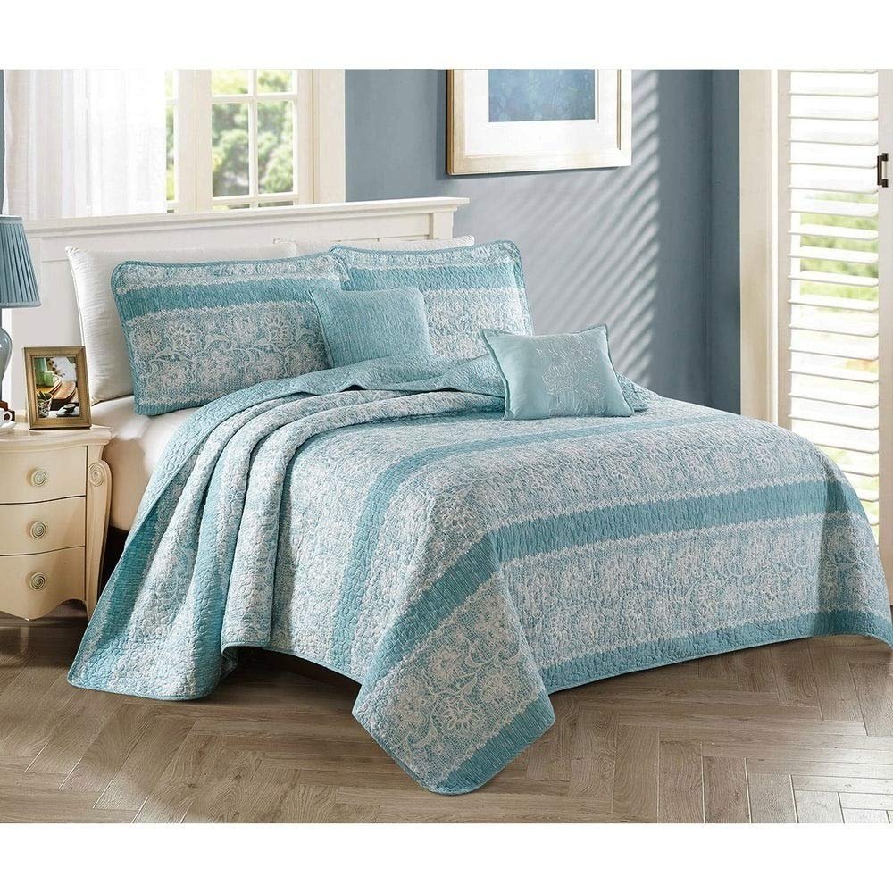 5 Piece Traditional Floral Geometric Quilted Bedspread King Size Set with Two Decorative Pillows - French Country Designer Extra Softness Comfort Reversible Aqua Blue Quilt Coverlet Set