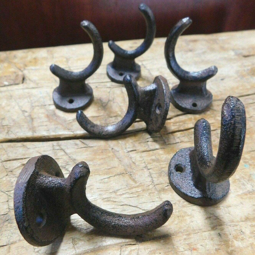 Antiques Vintage/Hooks Cast Iron/Coat Hook/Locker Rooms/Kitchens 6 Cast Iron Antique Style HD School Hooks Coat Hat Hook Rack Hall Tree Brown