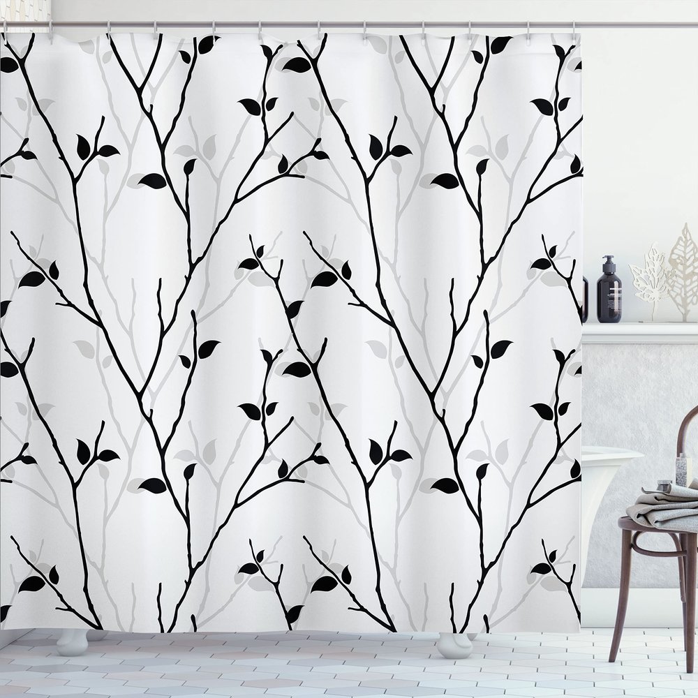 Ambesonne Leaf Shower Curtain, Branches in The Fall Trees Stem Twig Last Few Leafage Minimalistic Design Art, Cloth Fabric Bathroom Decor Set with Hooks, 69" W x 70" L, Coconut Black