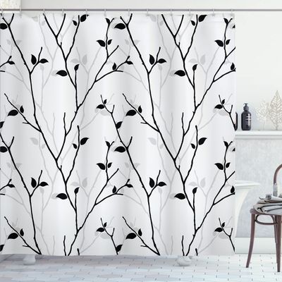 Ambesonne Leaf Shower Curtain, Branches in The Fall Trees Stem Twig Last Few Leafage Minimalistic Design Art, Cloth Fabric Bathroom Decor Set with Hooks, 69" W x 75" L, Coconut Black