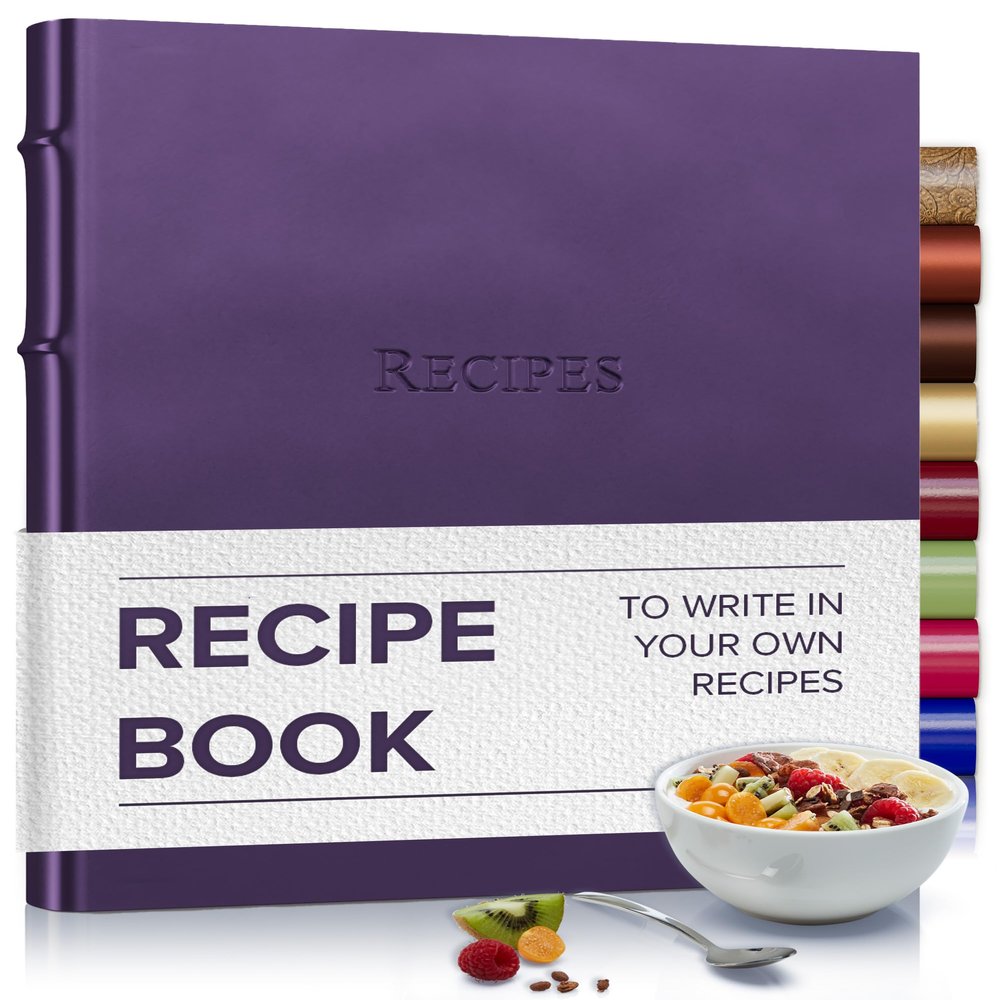 Gallery Leather Recipe book to write in your own recipes - 3 Ring Recipe Binder With Plastic Sleeves, Blank, 25 Pocket Pages and Ivory Cards, Fillable - Freeport Metallic Purple - 9.25 x 8 "