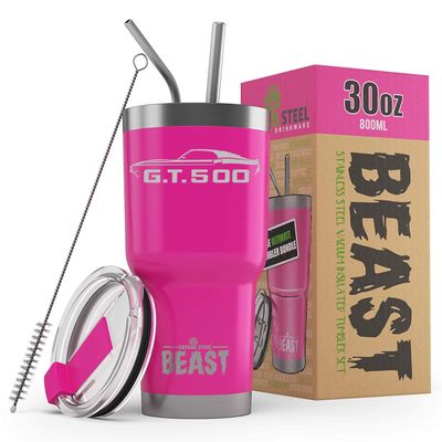 1969 1970 Shelby GT500 Mustang Fastback 30 oz Stainless Steel Insulated Tumbler w/Lid, 2 Straws, Brush and Gift Box hotpink