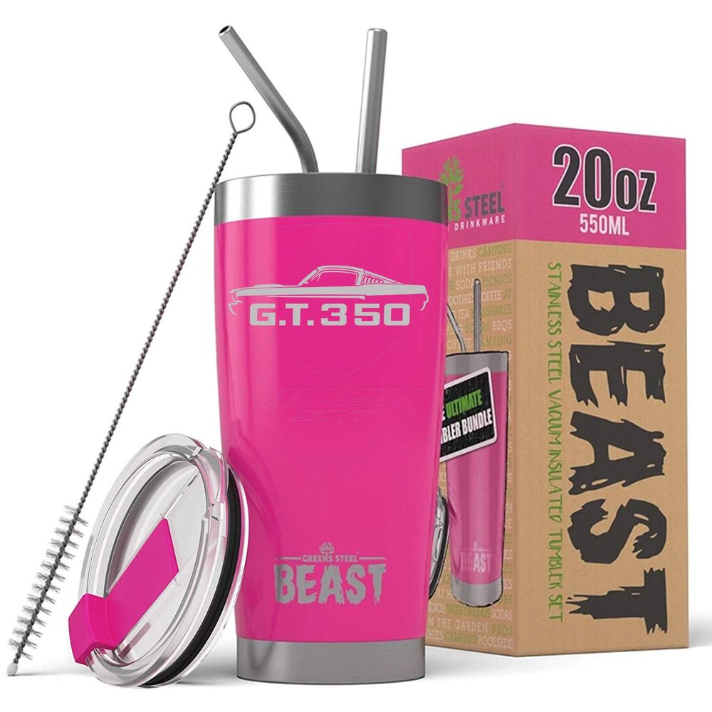 1965 1966 Shelby GT350 Mustang Beast 20 oz Stainless Steel Insulated Tumbler w/Lid, 2 Straws, Brush and Gift Box hotpink
