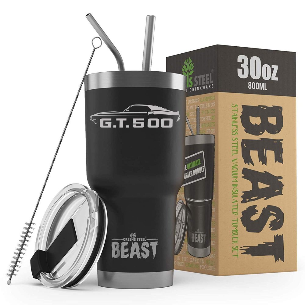 1969 1970 Shelby GT500 Mustang Fastback 30 oz Stainless Steel Insulated Tumbler w/Lid, 2 Straws, Brush and Gift Box black