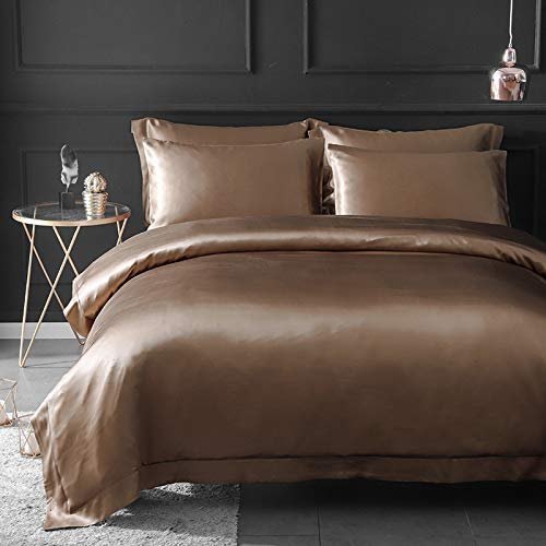 100% Soft Satin 5 Piece Queen/Full Size Brown Duvet Cover Set,High Thread Count with Zipper Closure Comfy & Ultra Soft Silk Like Satin Duvet Covers Set(1 Duvet Cover with 4 Pillow)