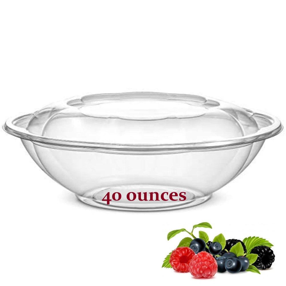 AME D'ESSENCE (40 oz-50 PC) Plastic 9" Salad Bowl To Go With Airtight Lids Disposable Round Containers Fruit Serving Bowls To-Go Meal Prep Food Boxes
