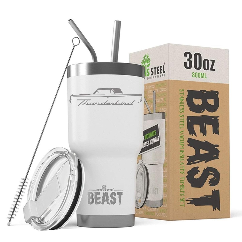 1957 1958 1959 Ford Thunderbird Hardtop Beast 30 oz Stainless Steel Insulated Tumbler w/Lid, 2 Straws, Brush and Gift Box white