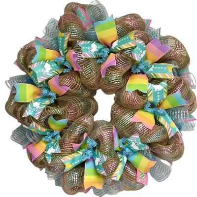 Easter Burlap Pastel Bunny Handmade Wreath. Available in 24 inch and 28 inch diameters.