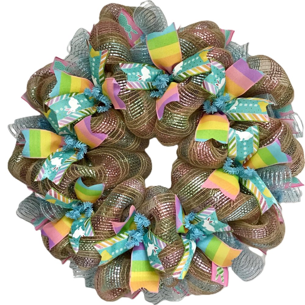 Easter Burlap Pastel Bunny Handmade Wreath. Available in 24 inch and 28 inch diameters.