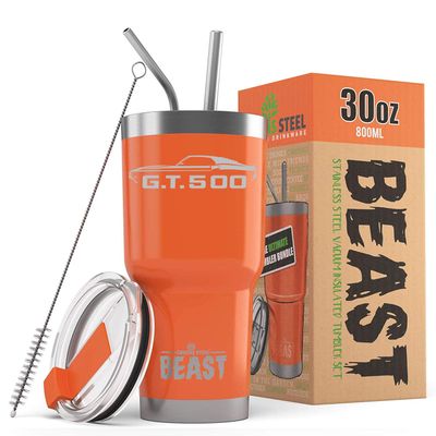 1969 1970 Shelby GT500 Mustang Fastback 30 oz Stainless Steel Insulated Tumbler w/Lid, 2 Straws, Brush and Gift Box orange