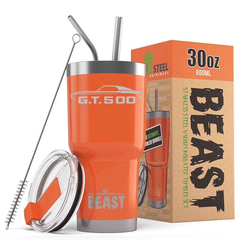 1969 1970 Shelby GT500 Mustang Fastback 30 oz Stainless Steel Insulated Tumbler w/Lid, 2 Straws, Brush and Gift Box orange