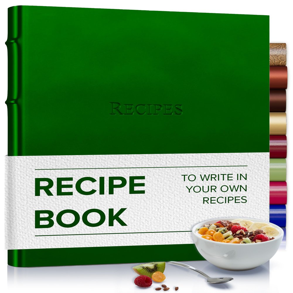 Gallery Leather Recipe book to write in your own recipes - 3 Ring Recipe Binder With Plastic Sleeves, Blank, 25 Pocket Pages and Ivory Cards, Fillable - Freeport Metallic Hunter - 9.25 x 8 "