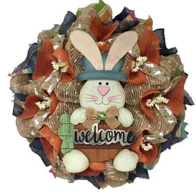 Easter Wreath, Luxury Handmade - Burlap Welcome Bunny Front Door Decor, 24 or 28 Inch