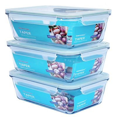 Glasslock Taper Rectangular Glass Food-Storage Container with Locking Lids Anti-Spill Microwave Safe 57.5 oz / 1700 ml - 3 Container Set