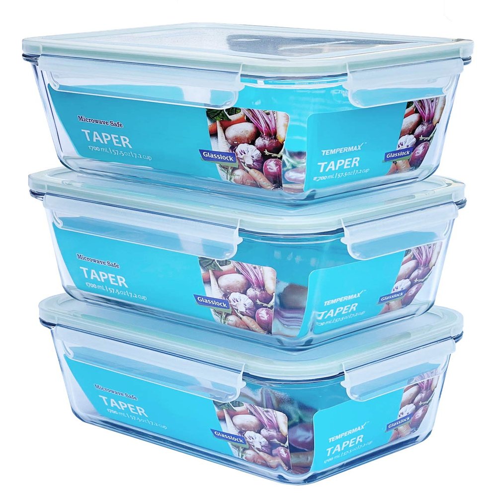 Glasslock Taper Rectangular Glass Food-Storage Container with Locking Lids Anti-Spill Microwave Safe 57.5 oz / 1700 ml - 3 Container Set