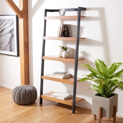 Unknown1 5-Tier Leaning Bookcase 31.5" W X 11" L 72.4" H Black Natural Modern Contemporary Wood Powder Coated