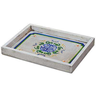 China Furniture Online Hand Painted Elmwood Chinese Longevity Motif Tray, Light Blue