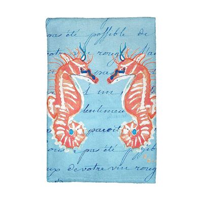 Betsy Drake KT100B Coral Sea Horses Blue Script Kitchen Towel