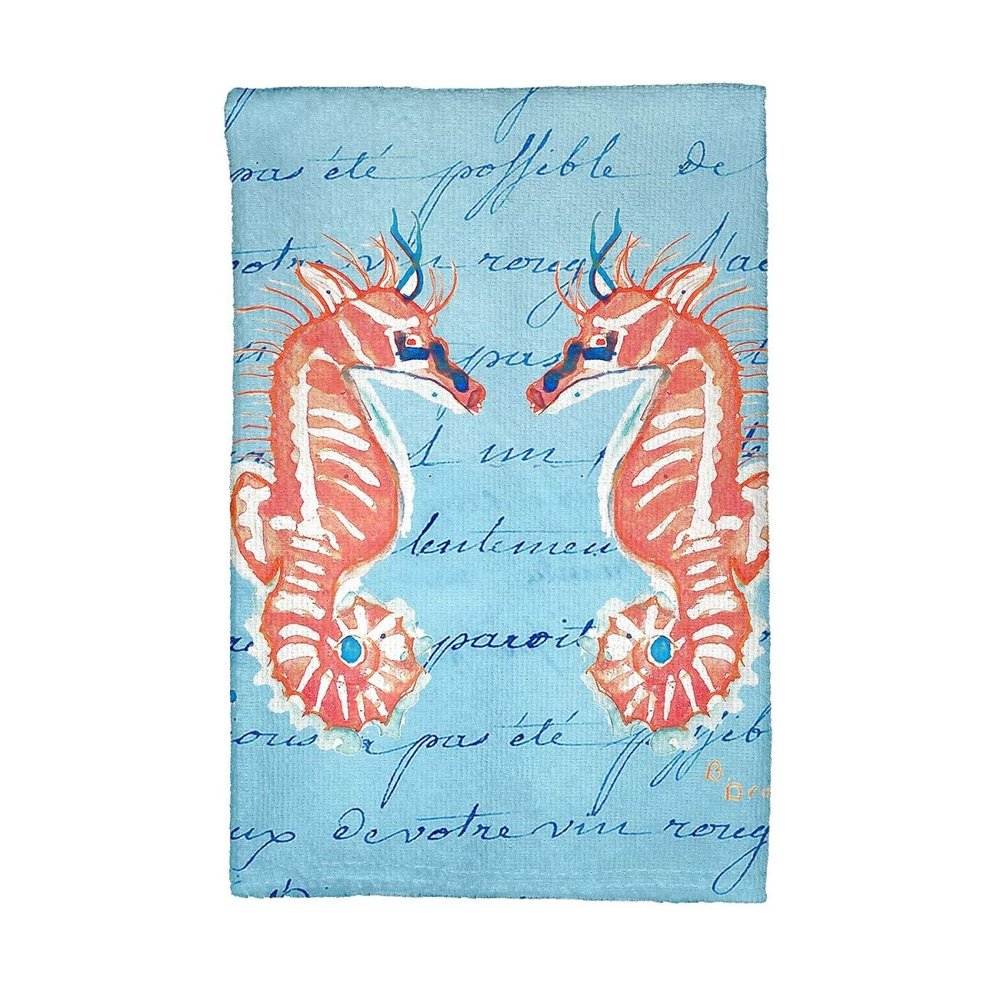 Betsy Drake KT100B Coral Sea Horses Blue Script Kitchen Towel