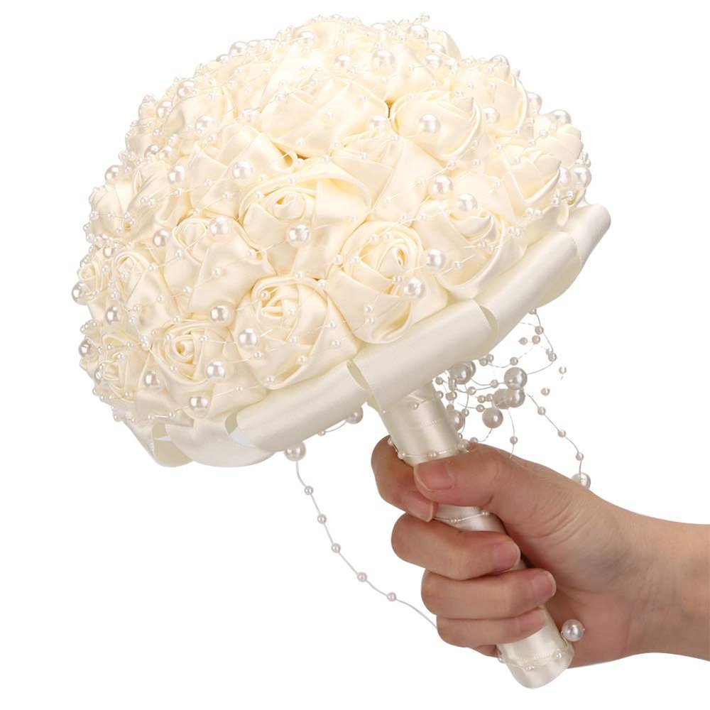 Agatige Wedding Bouquets for Bride, Holding Flowers with Pearl for Party and Church Wedding Supplies