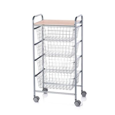 DON HIERRO  Modern Rolling Kitchen & Storage Cart with 4 Removable Baskets, Grey Metal Frame and Beech Top  Versatile Utility Organizer on Wheels, Made in Spain - Beech