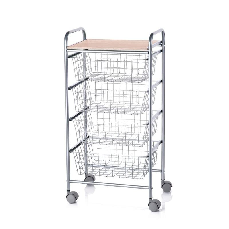 DON HIERRO  Modern Rolling Kitchen & Storage Cart with 4 Removable Baskets, Grey Metal Frame and Beech Top  Versatile Utility Organizer on Wheels, Made in Spain - Beech
