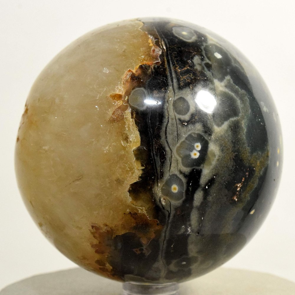 2.9" 1.2lb Ocean Jasper Sphere Natural Green Crystal Ball Sparkling Yellow Druzy Mineral Polished Decor Stone - Madagascar + Stand