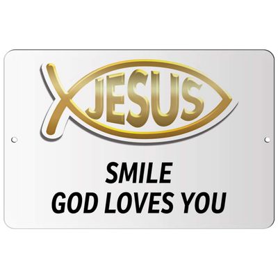 Makoroni - Smile GOD Loves You Christian Jesus Fish Ichtus - 8"x12" Aluminum Novelty Fun Street Sign, DesO13