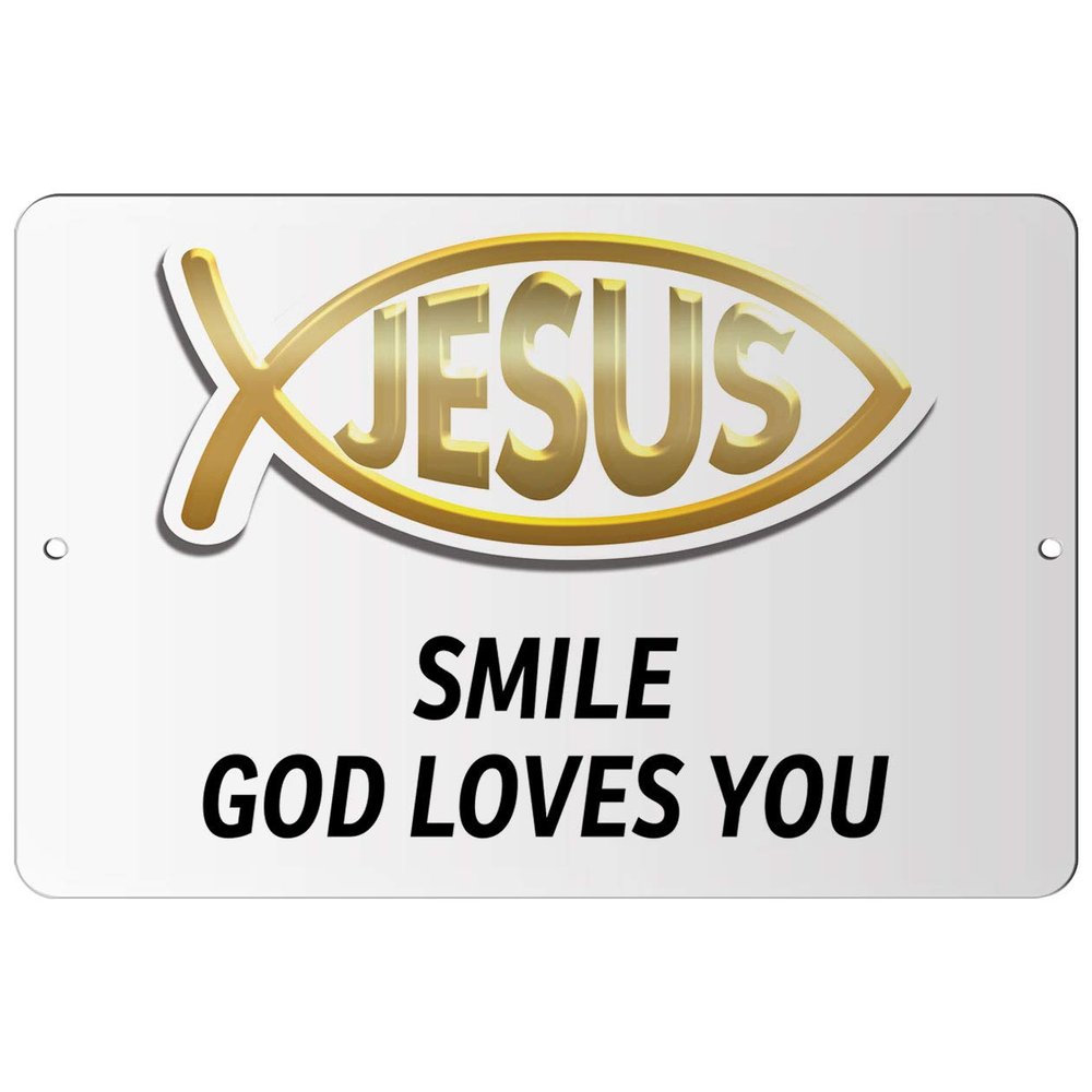 Makoroni - Smile GOD Loves You Christian Jesus Fish Ichtus - 8"x12" Aluminum Novelty Fun Street Sign, DesO13